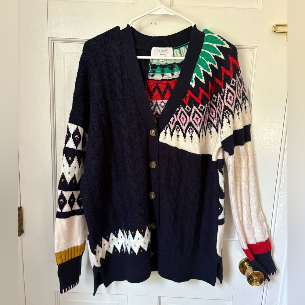 NWOT La Ligne Fairisle Patchwork Cardigan Navy Multi Extra Large (XL) 100% Wool - Picture 2 of 13